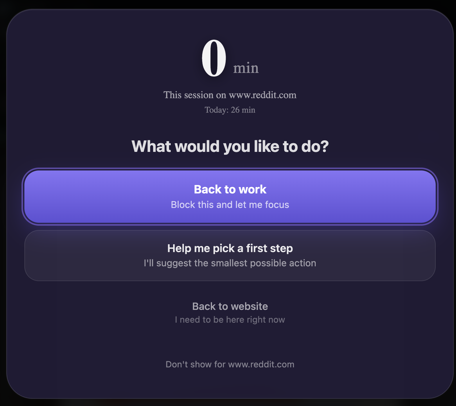 ImpulsePause pause screen — shows time spent and choice to go back to work